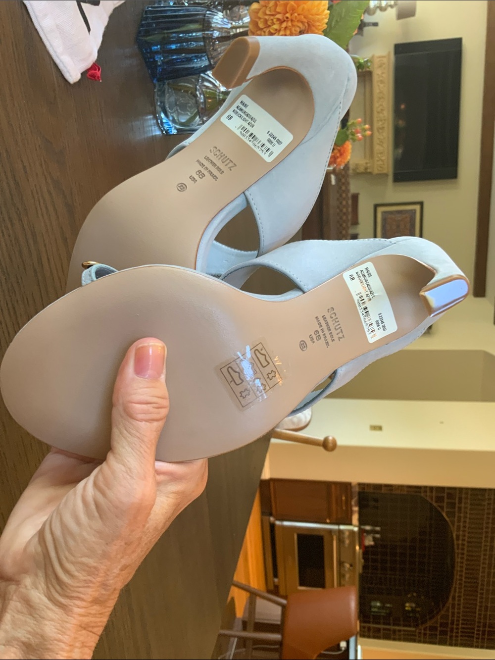 SCHUTZ Maise Nubuck Light Blue Open-Toe Heeled Mules with Gold Orb Detail - Picture 5 of 5